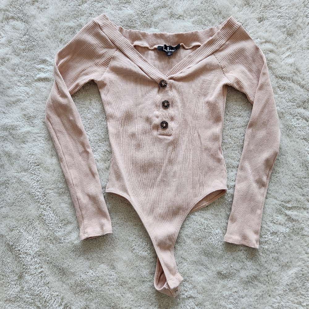 Tan Ribbed Off the Shoulder Bodysuit